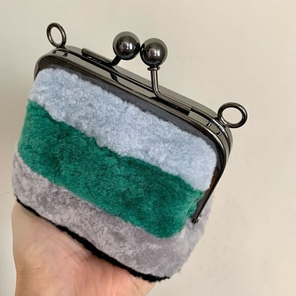 Handmade Real Shearling Colorblock Kisslock Small Clutch/Coin Pouch/Crossbody - Picture 8 of 11